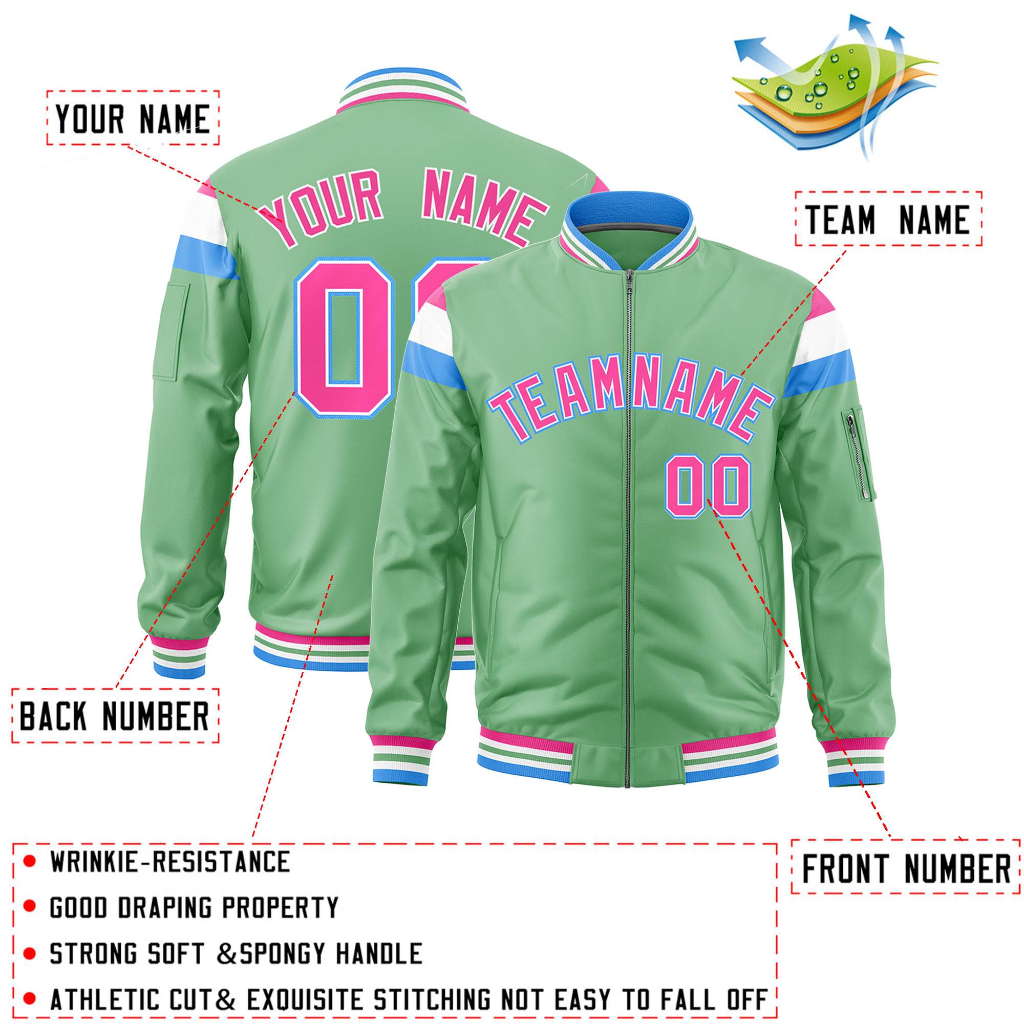 Custom Light Green Pink-White Varsity Full-Zip Shoulder Color Block Letterman Bomber Jacket