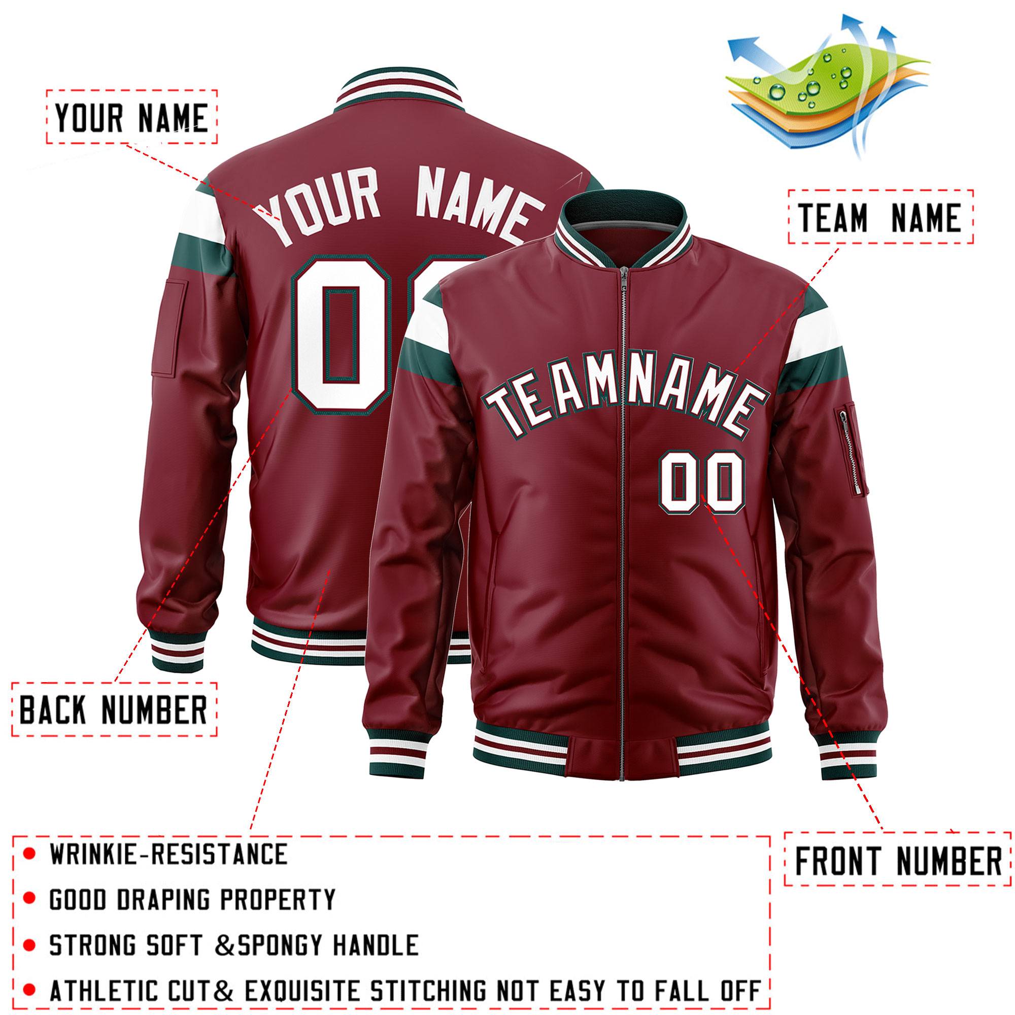 Custom Crimson Midnight Green-White Varsity Full-Zip Shoulder Color Block Letterman Bomber Jacket