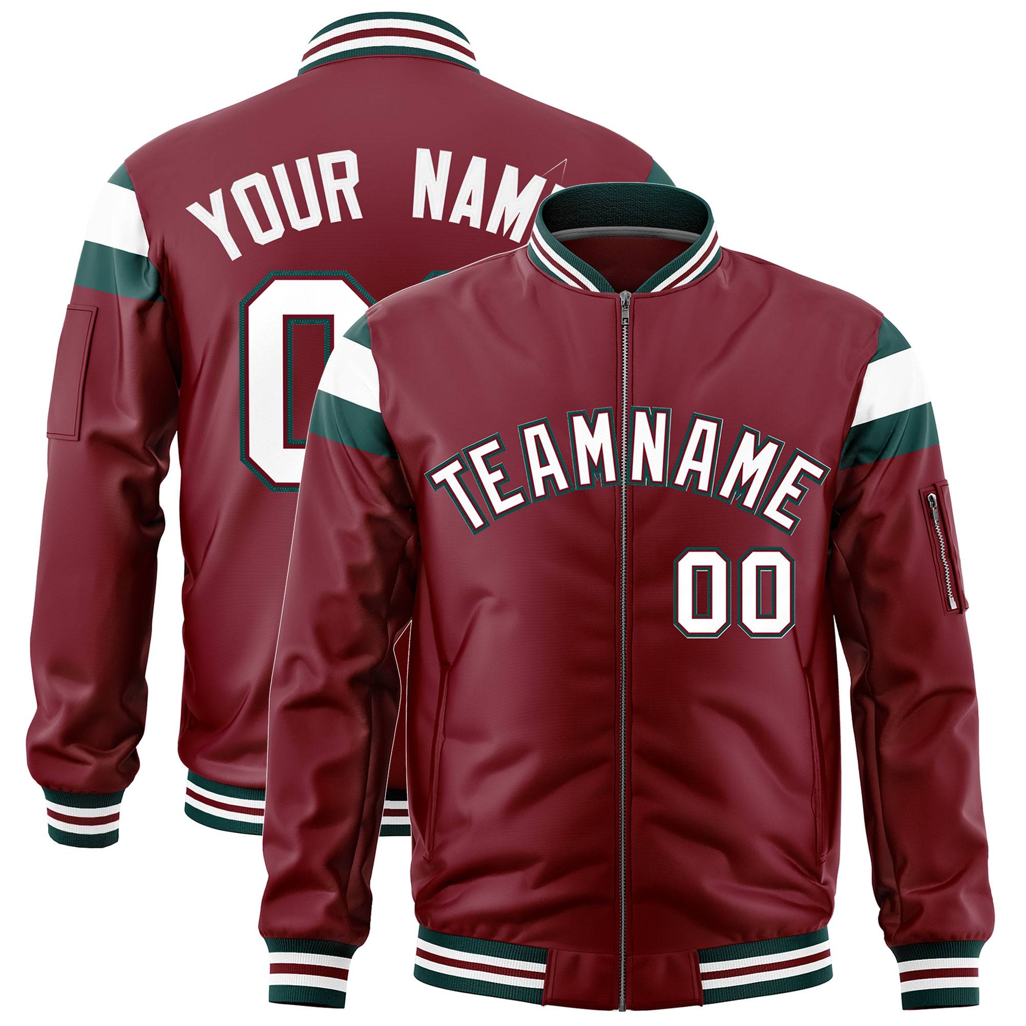 Custom Crimson Midnight Green-White Varsity Full-Zip Shoulder Color Block Letterman Bomber Jacket