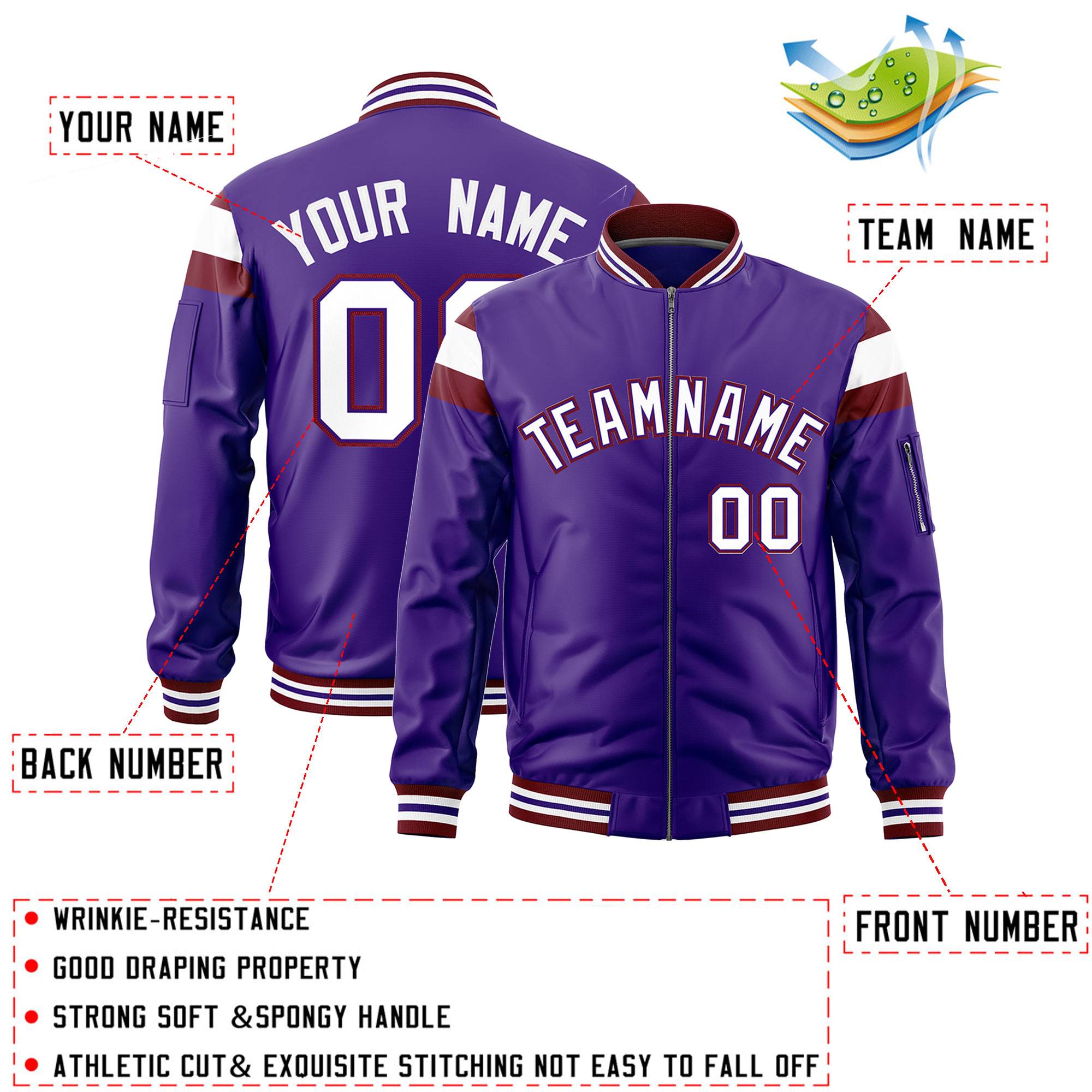 Custom Purple Crimson-White Varsity Full-Zip Shoulder Color Block Letterman Bomber Jacket