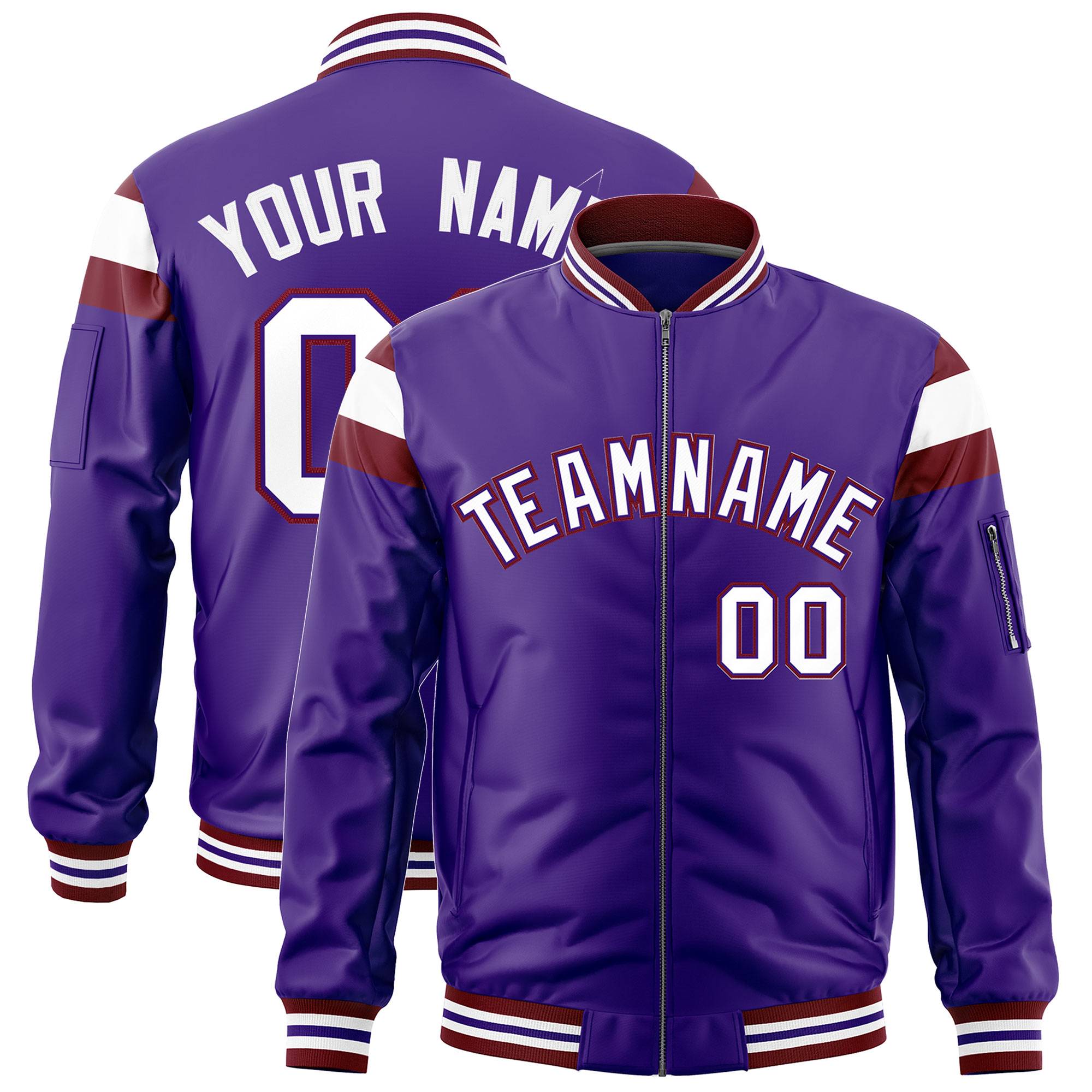 Custom Purple Crimson-White Varsity Full-Zip Shoulder Color Block Letterman Bomber Jacket