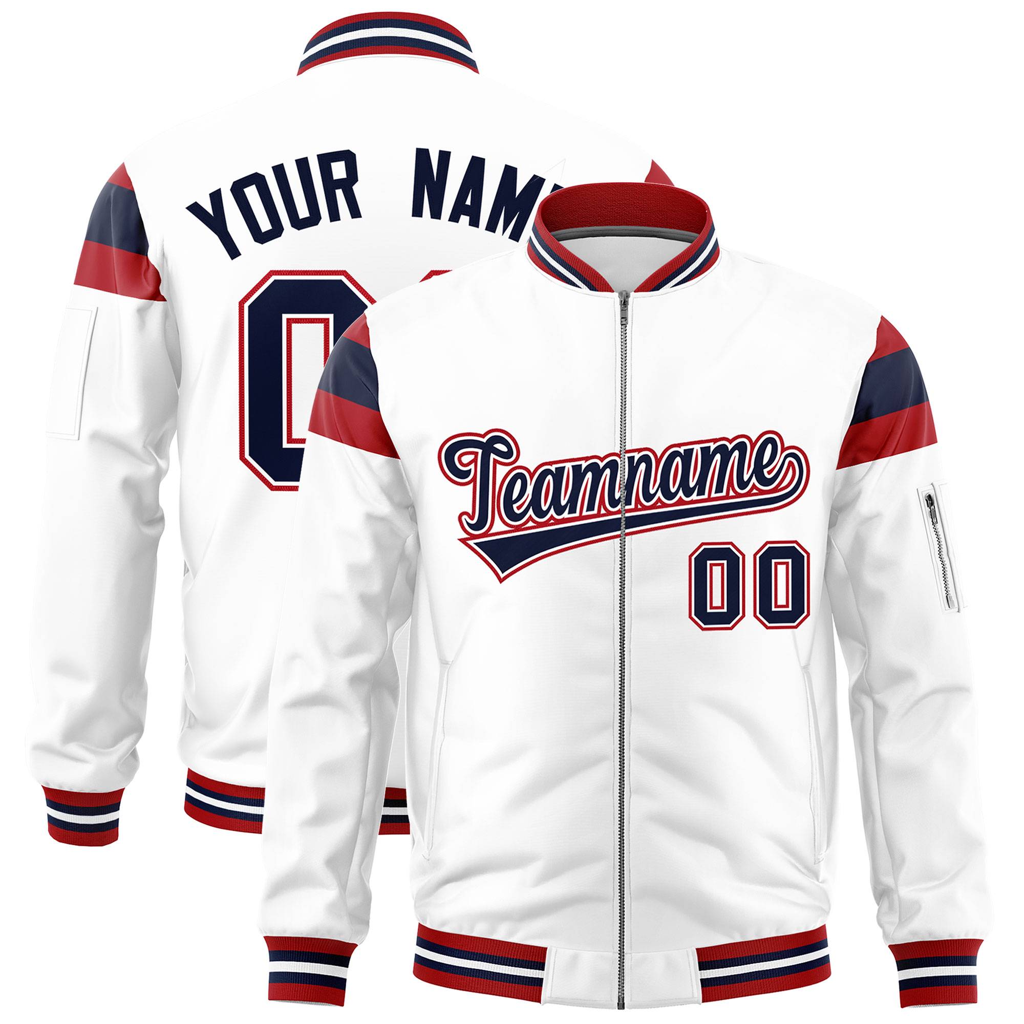 Custom White Red-Navy Varsity Full-Zip Shoulder Color Block Letterman Bomber Jacket