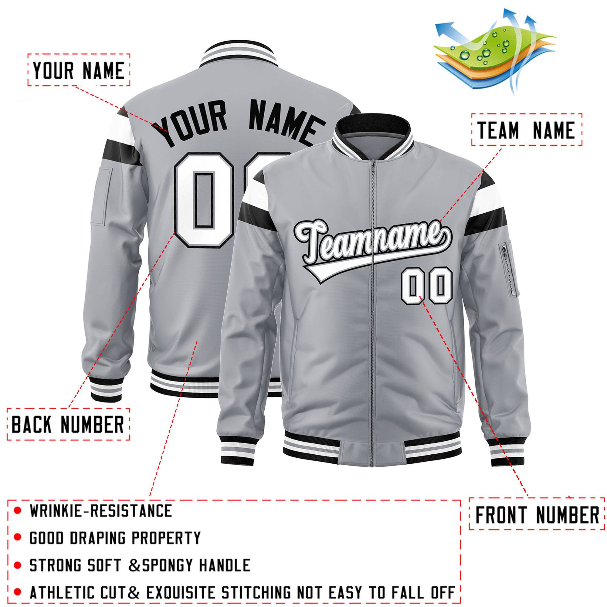 Custom Silver Black-White Varsity Full-Zip Shoulder Color Block Letterman Bomber Jacket