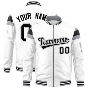 Custom White Silver-Black Varsity Full-Zip Shoulder Color Block Letterman Bomber Jacket