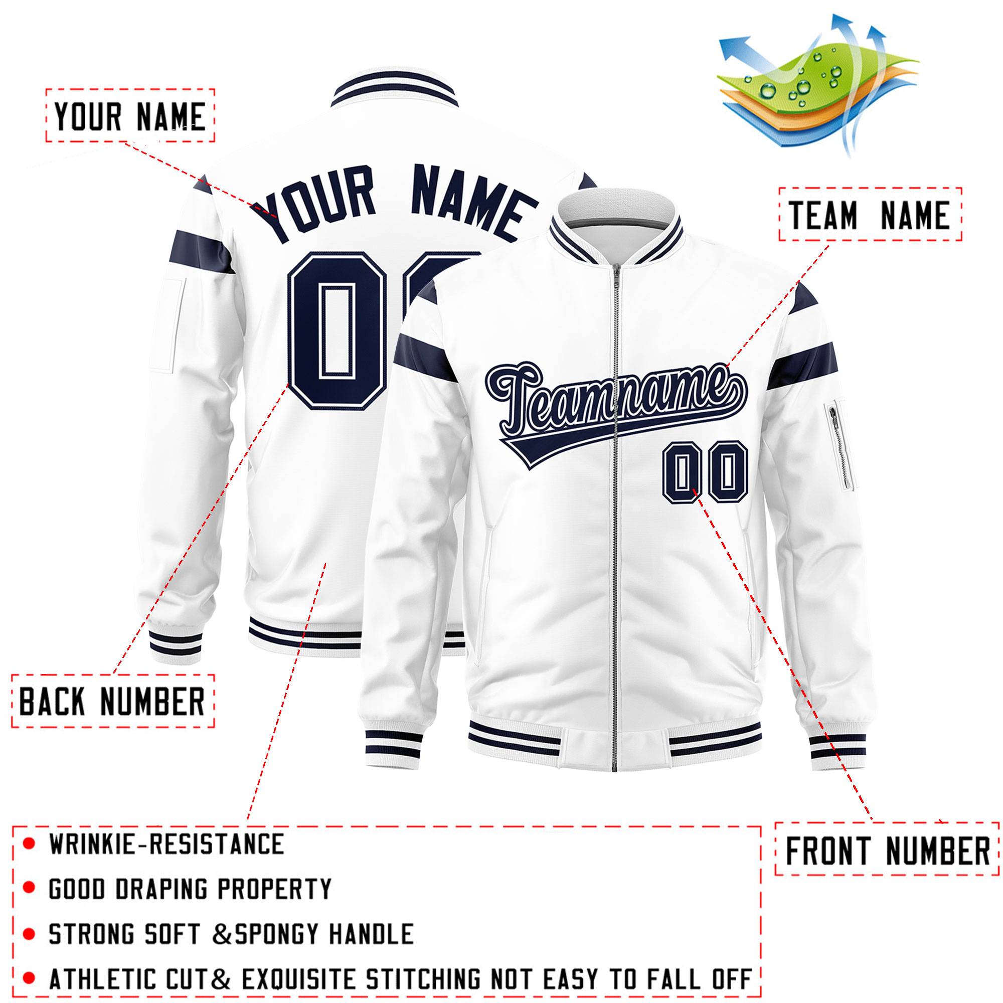 Custom White Navy Varsity Full-Zip Shoulder Color Block Letterman Bomber Jacket