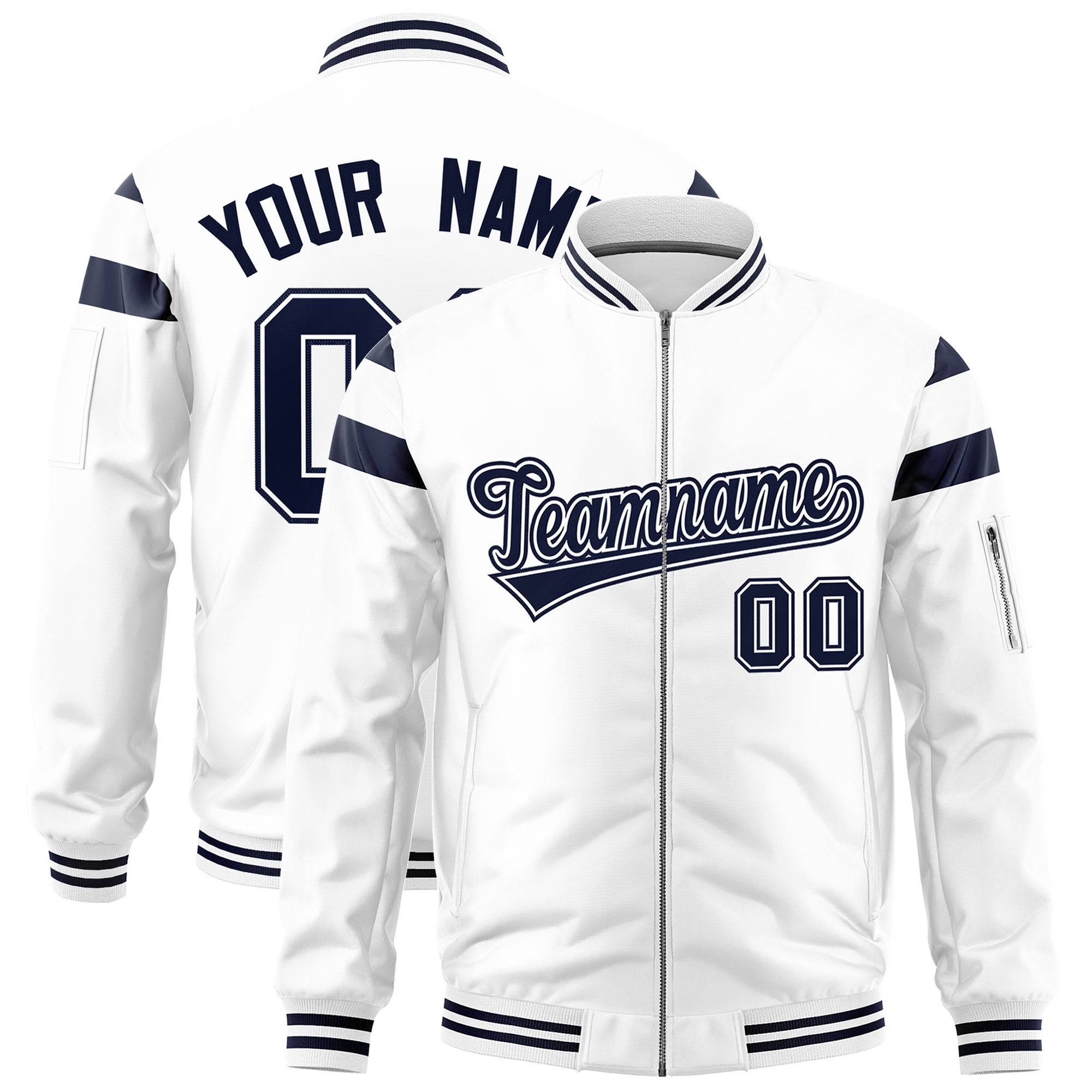 Custom White Navy Varsity Full-Zip Shoulder Color Block Letterman Bomber Jacket