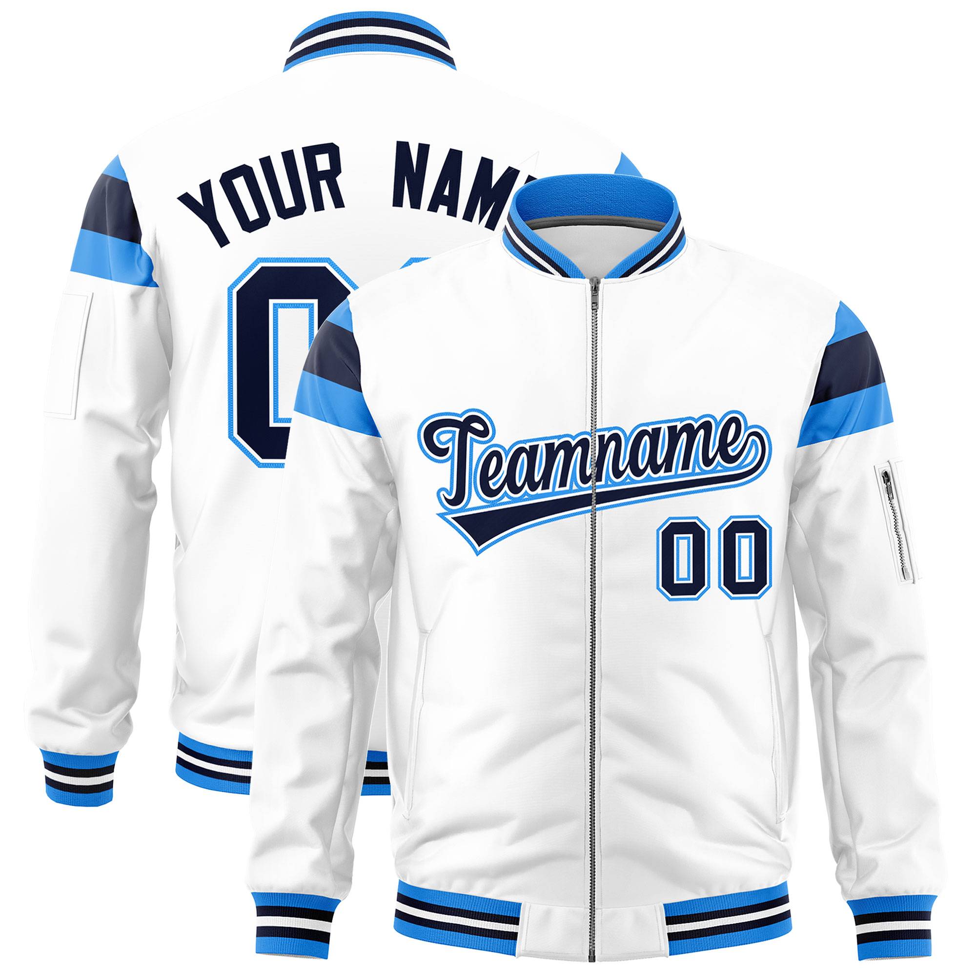 Custom White Powder Blue-Navy Varsity Full-Zip Shoulder Color Block Letterman Bomber Jacket