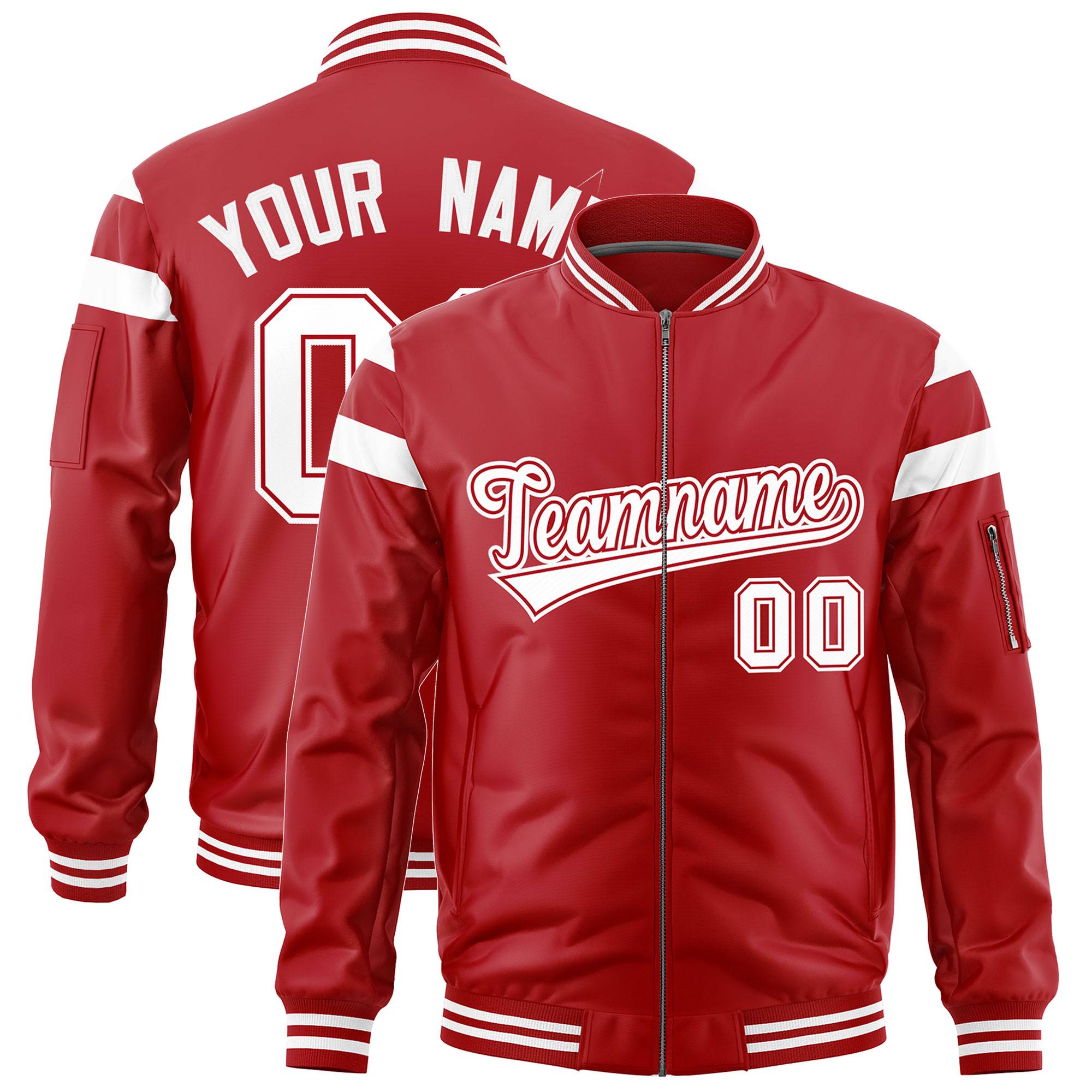 Custom Red White Varsity Full-Zip Shoulder Color Block Letterman Bomber Jacket