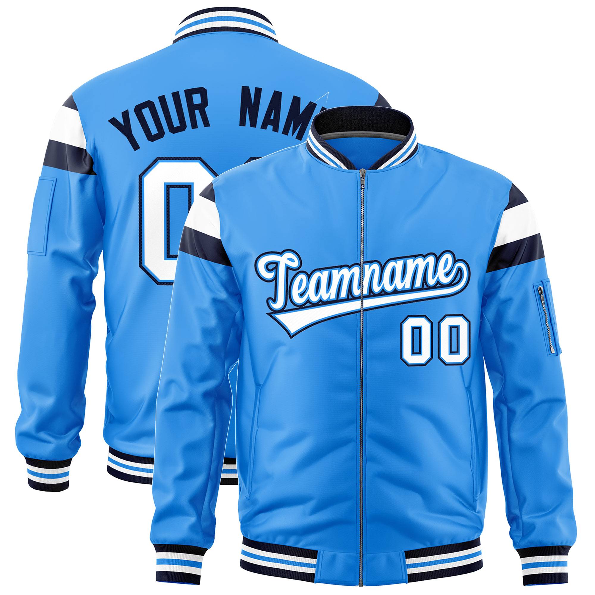 Custom Powder Blue Navy-White Varsity Full-Zip Shoulder Color Block Letterman Bomber Jacket