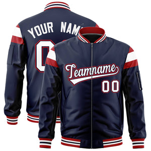 Custom Navy Red-White Varsity Full-Zip Shoulder Color Block Letterman Bomber Jacket