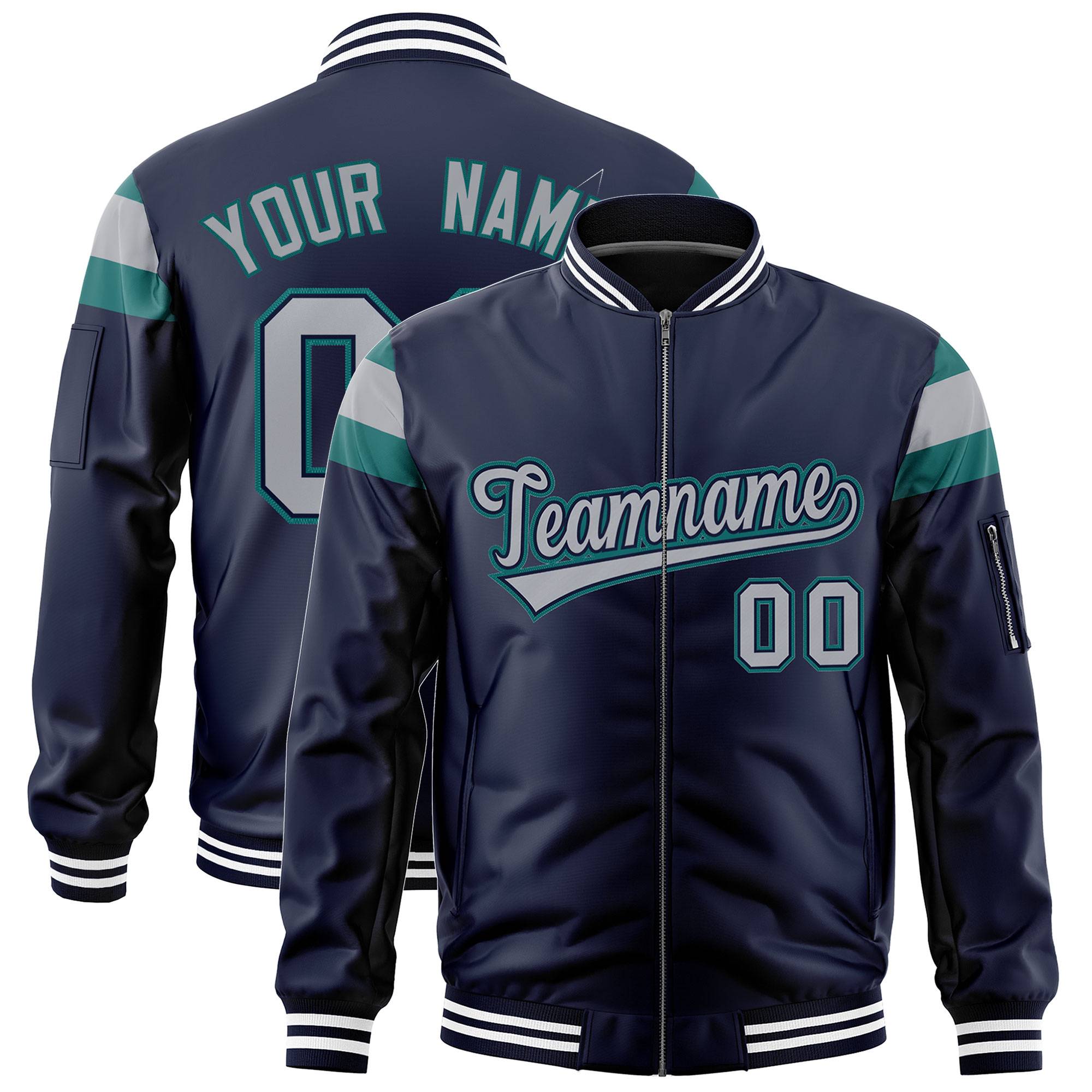 Custom Navy Aqua-Silver Varsity Full-Zip Shoulder Color Block Letterman Bomber Jacket