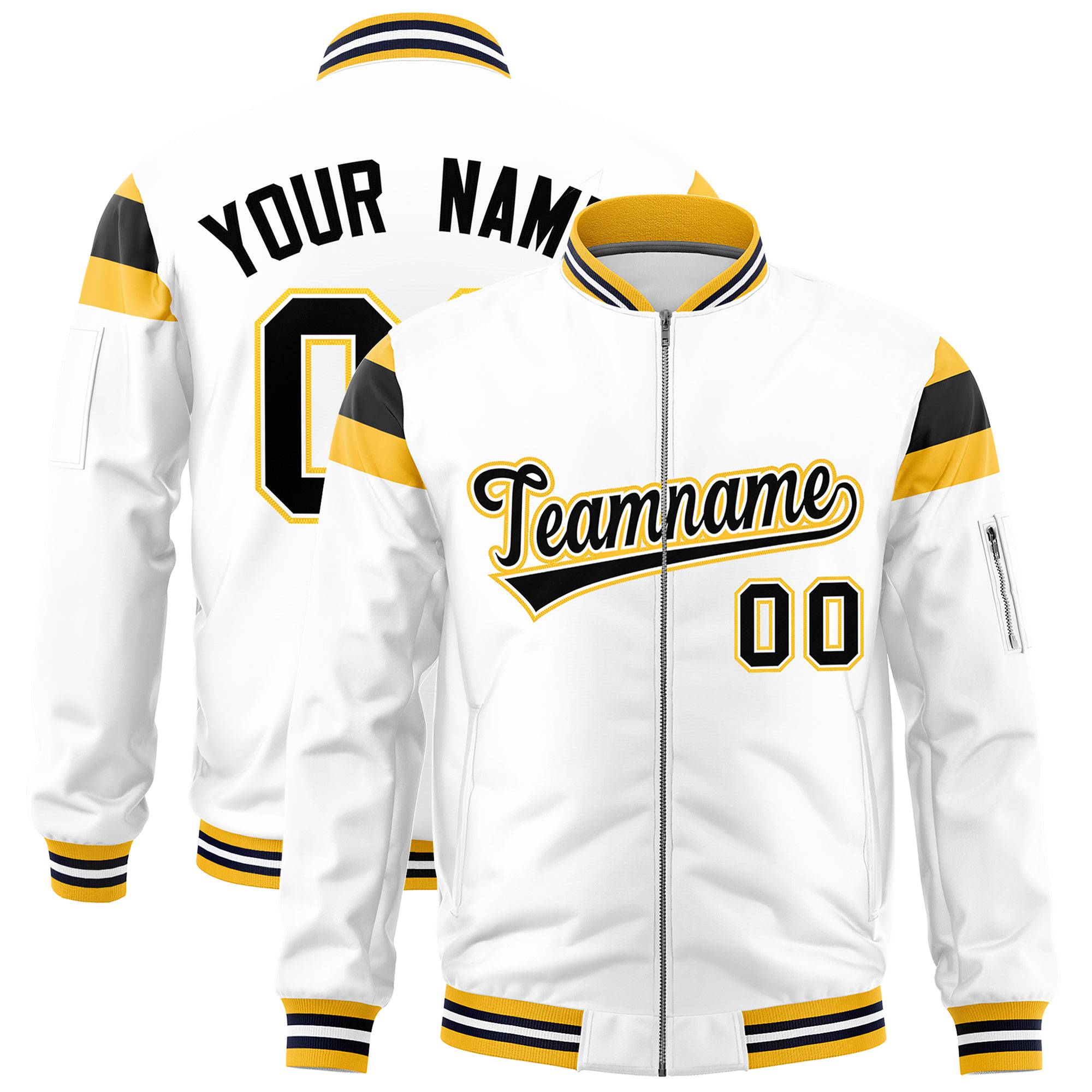 Custom White Gold-Black Varsity Full-Zip Shoulder Color Block Letterman Bomber Jacket