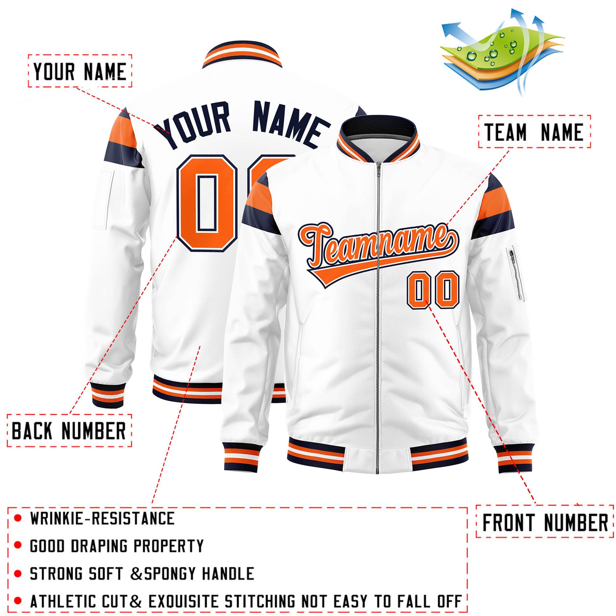 Custom White Navy-Orange Varsity Full-Zip Shoulder Color Block Letterman Bomber Jacket