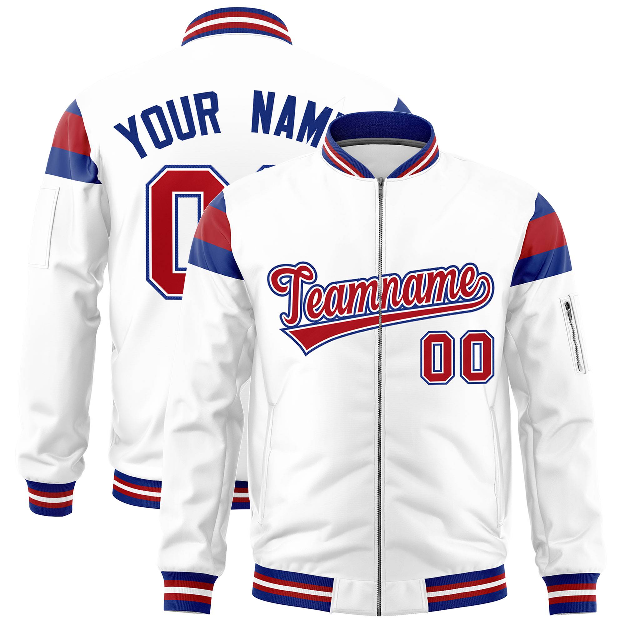 Custom White Royal-Red Varsity Full-Zip Shoulder Color Block Letterman Bomber Jacket