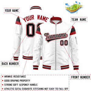 Custom White Red-Black Varsity Full-Zip Shoulder Color Block Letterman Bomber Jacket