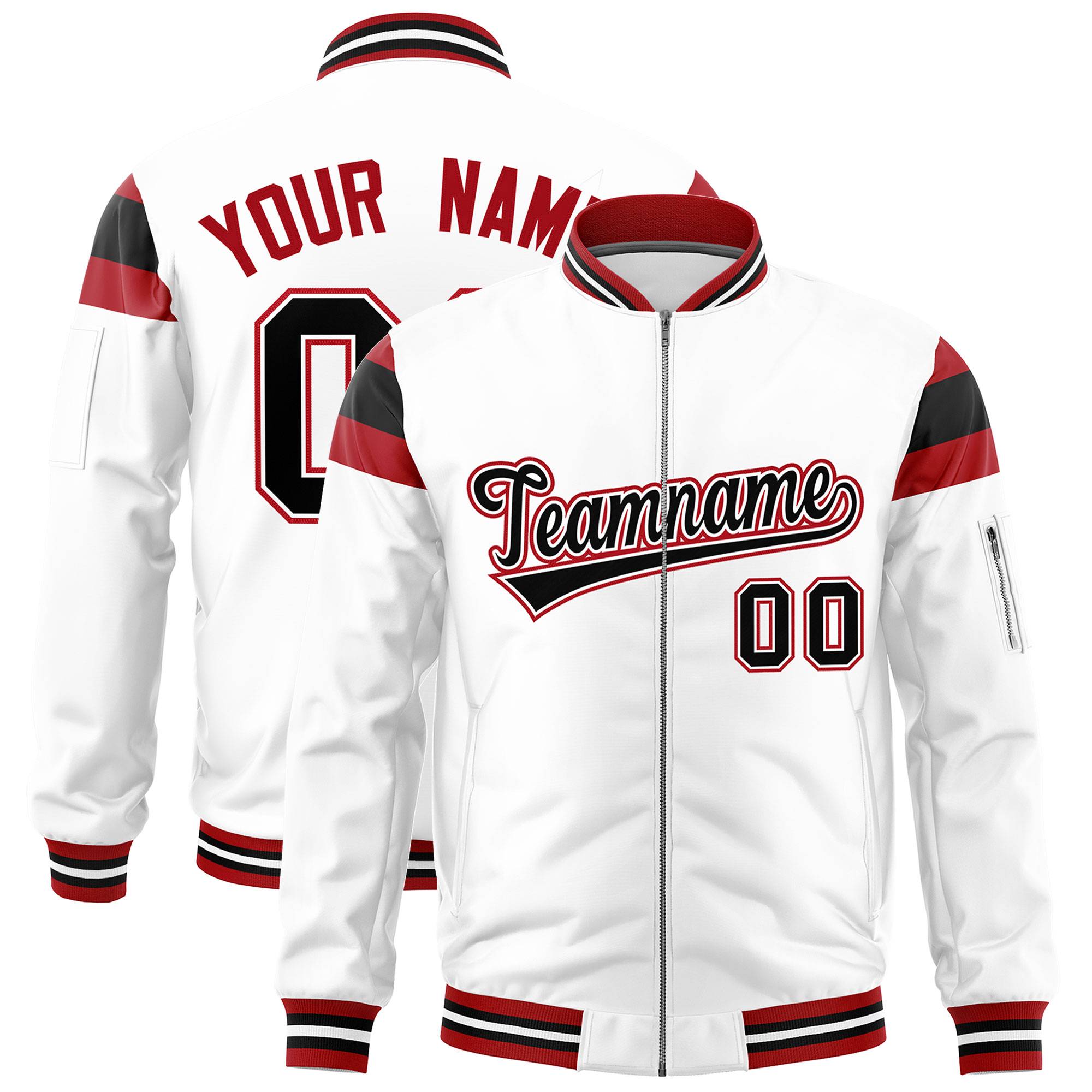 Custom White Red-Black Varsity Full-Zip Shoulder Color Block Letterman Bomber Jacket