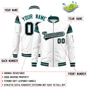 Custom White Aqua-Black Varsity Full-Zip Shoulder Color Block Letterman Bomber Jacket