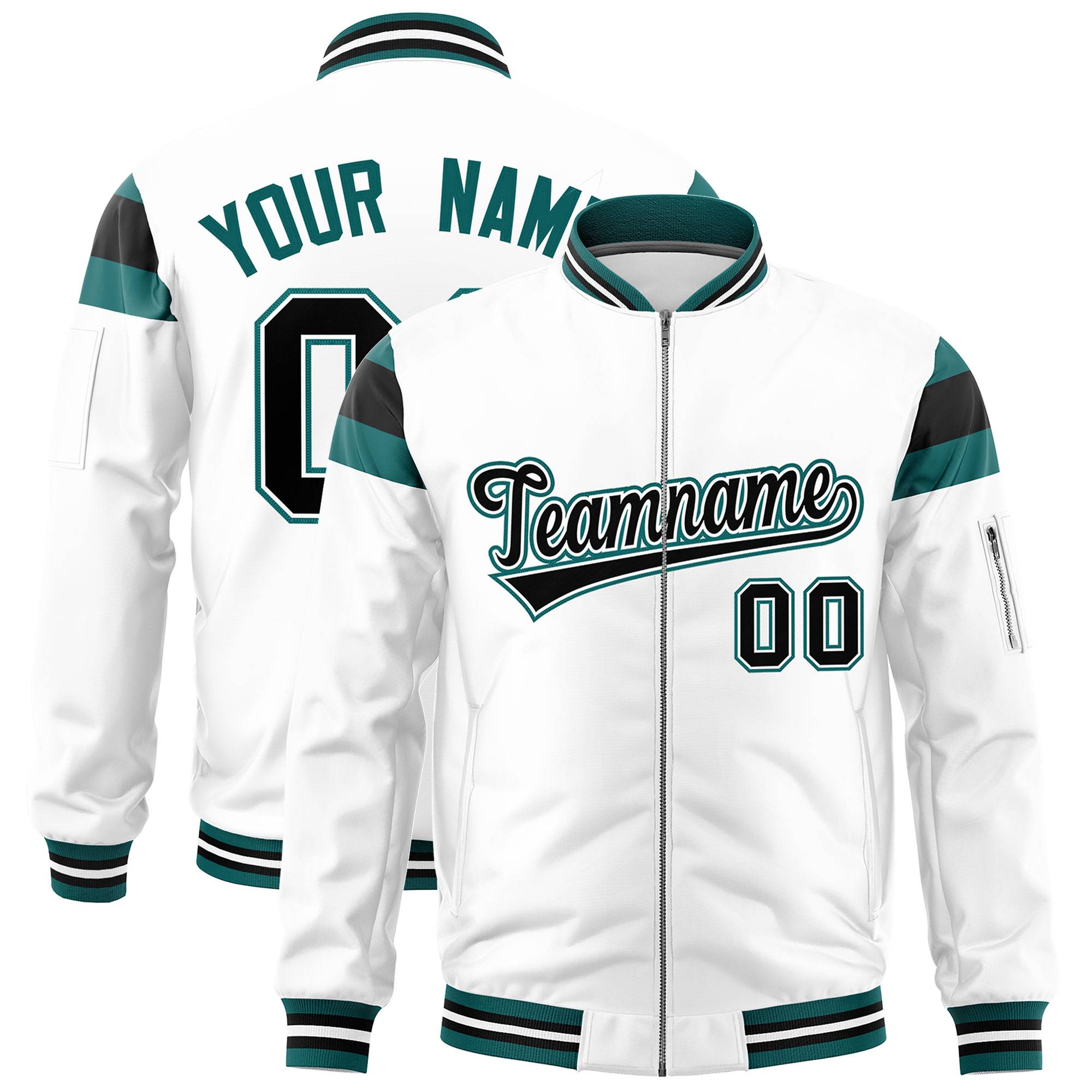 Custom White Aqua-Black Varsity Full-Zip Shoulder Color Block Letterman Bomber Jacket