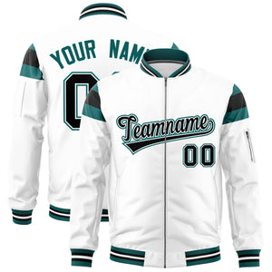 Custom White Aqua-Black Varsity Full-Zip Shoulder Color Block Letterman Bomber Jacket