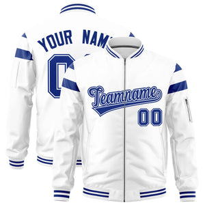 Custom White Royal Varsity Full-Zip Shoulder Color Block Letterman Bomber Jacket