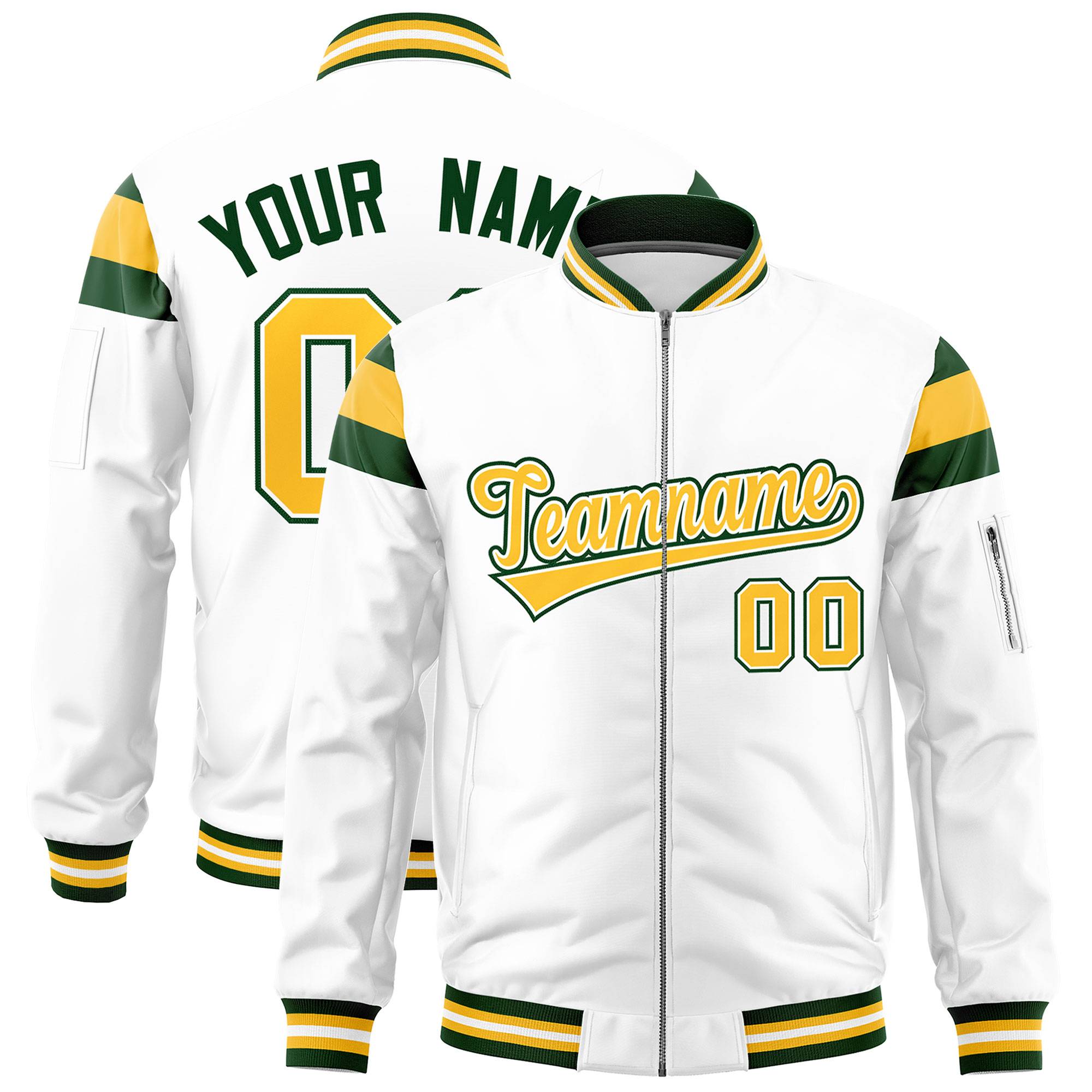 Custom White Green-Gold Varsity Full-Zip Shoulder Color Block Letterman Bomber Jacket