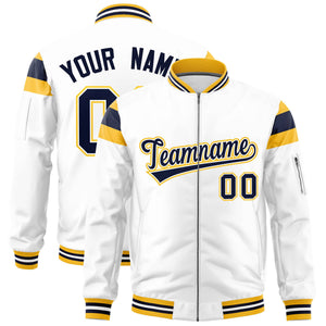 Custom White Gold-Navy Varsity Full-Zip Shoulder Color Block Letterman Bomber Jacket