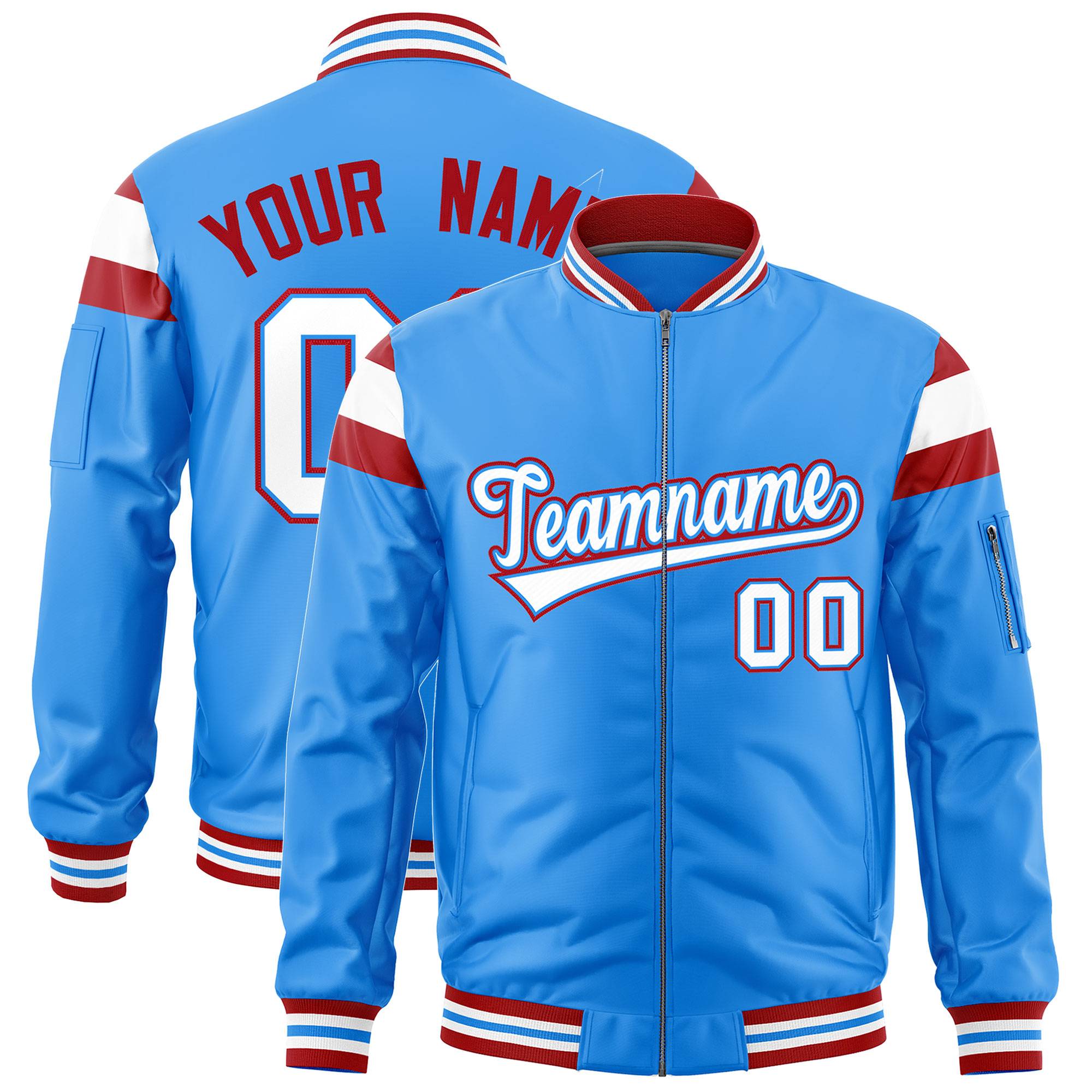 Custom Powder Blue Red-White Varsity Full-Zip Shoulder Color Block Letterman Bomber Jacket