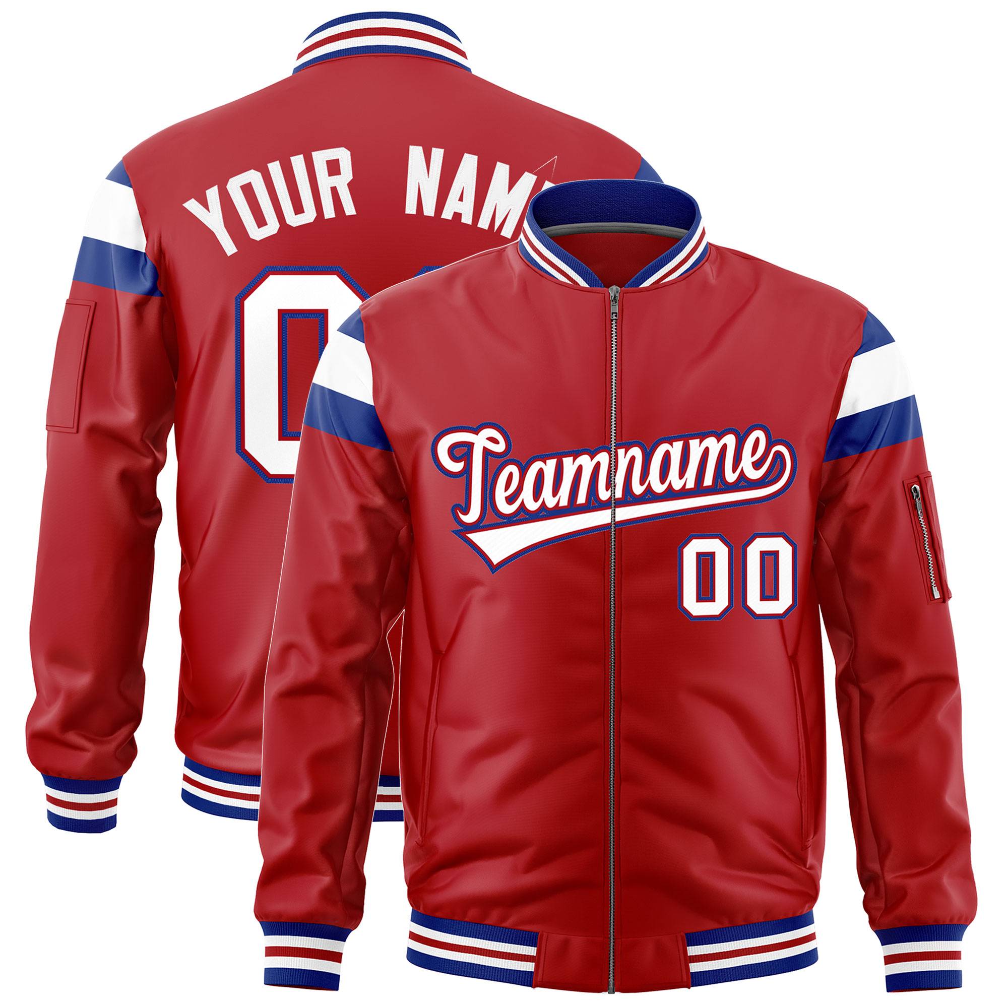 Custom Red Royal-White Varsity Full-Zip Shoulder Color Block Letterman Bomber Jacket