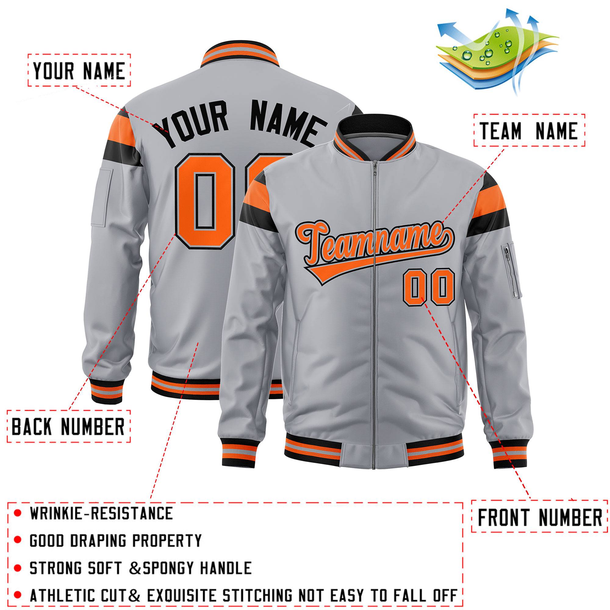 Custom Silver Black-Orange Varsity Full-Zip Shoulder Color Block Letterman Bomber Jacket