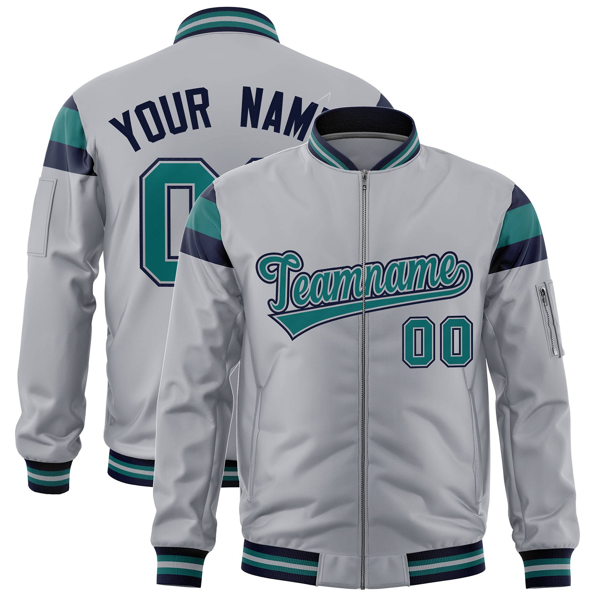 Custom Silver Navy-Aqua Varsity Full-Zip Shoulder Color Block Letterman Bomber Jacket