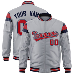 Custom Silver Navy-Red Varsity Full-Zip Shoulder Color Block Letterman Bomber Jacket