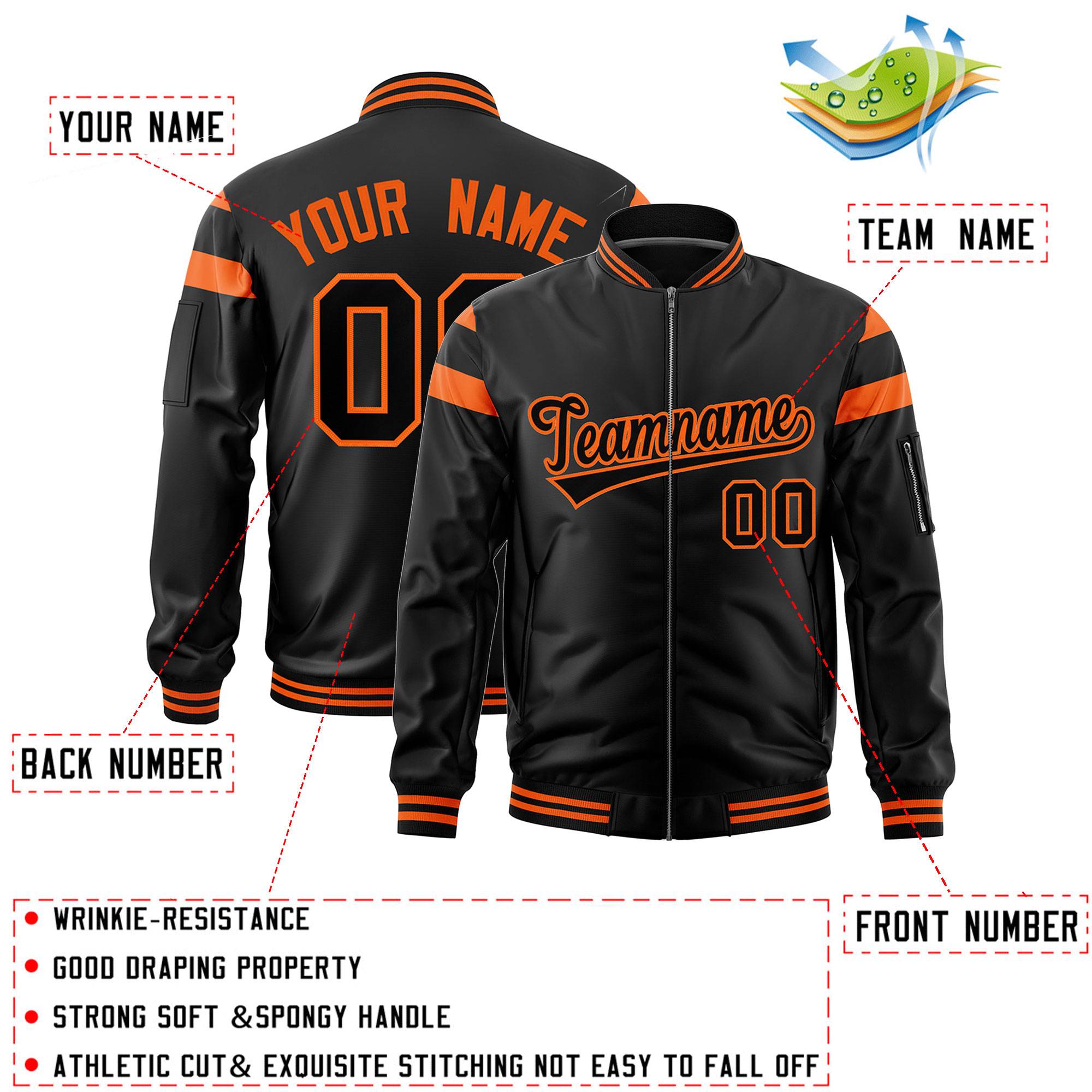 Custom Black Orange-Black Varsity Full-Zip Shoulder Color Block Letterman Bomber Jacket