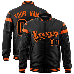 Custom Black Orange-Black Varsity Full-Zip Shoulder Color Block Letterman Bomber Jacket