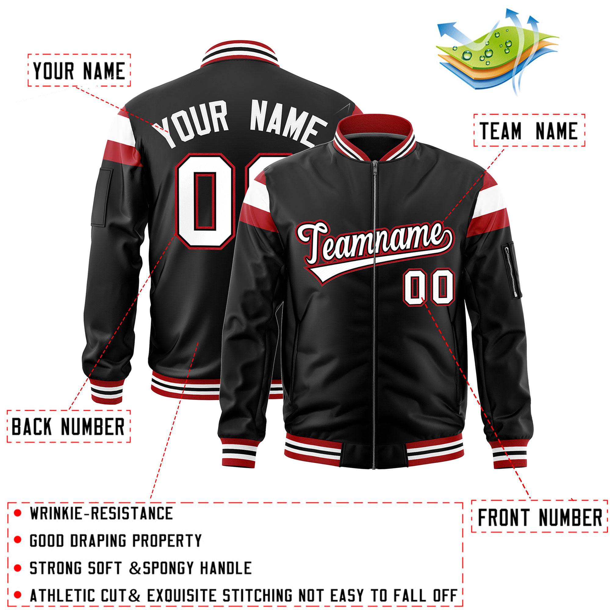 Custom Black Red-White Varsity Full-Zip Shoulder Color Block Letterman Bomber Jacket