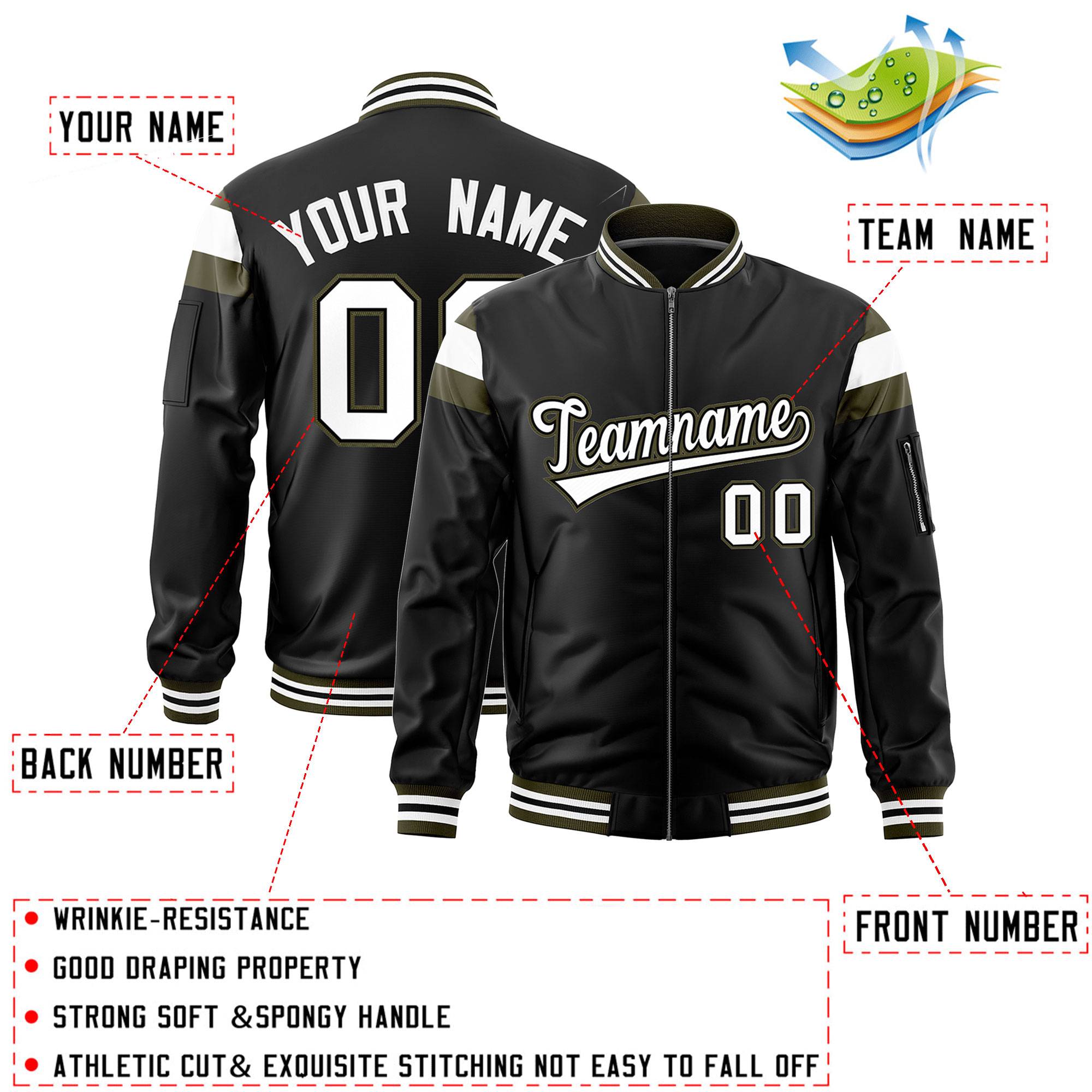 Custom Black Olive-White Varsity Full-Zip Shoulder Color Block Letterman Bomber Jacket