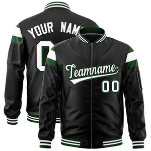 Custom Black Green-White Varsity Full-Zip Shoulder Color Block Letterman Bomber Jacket