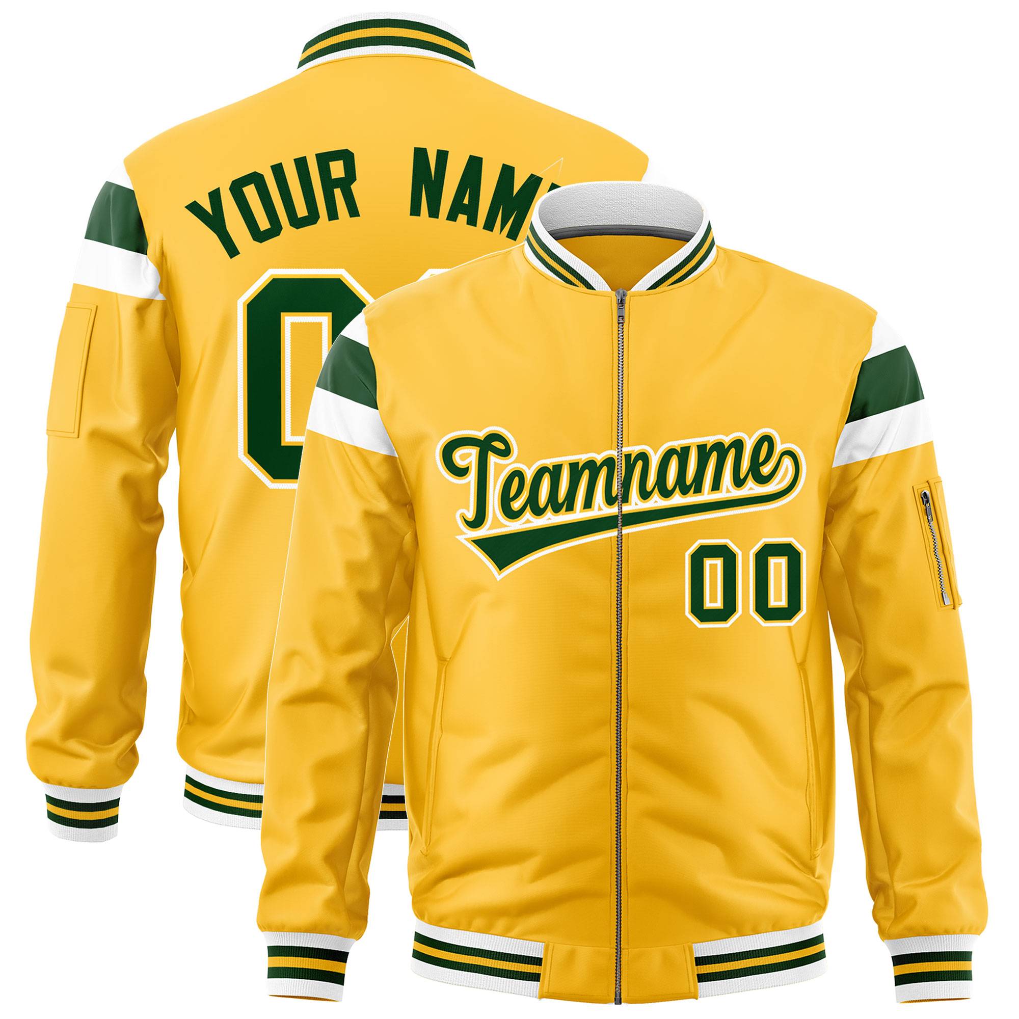 Custom Gold White-Green Varsity Full-Zip Shoulder Color Block Letterman Bomber Jacket