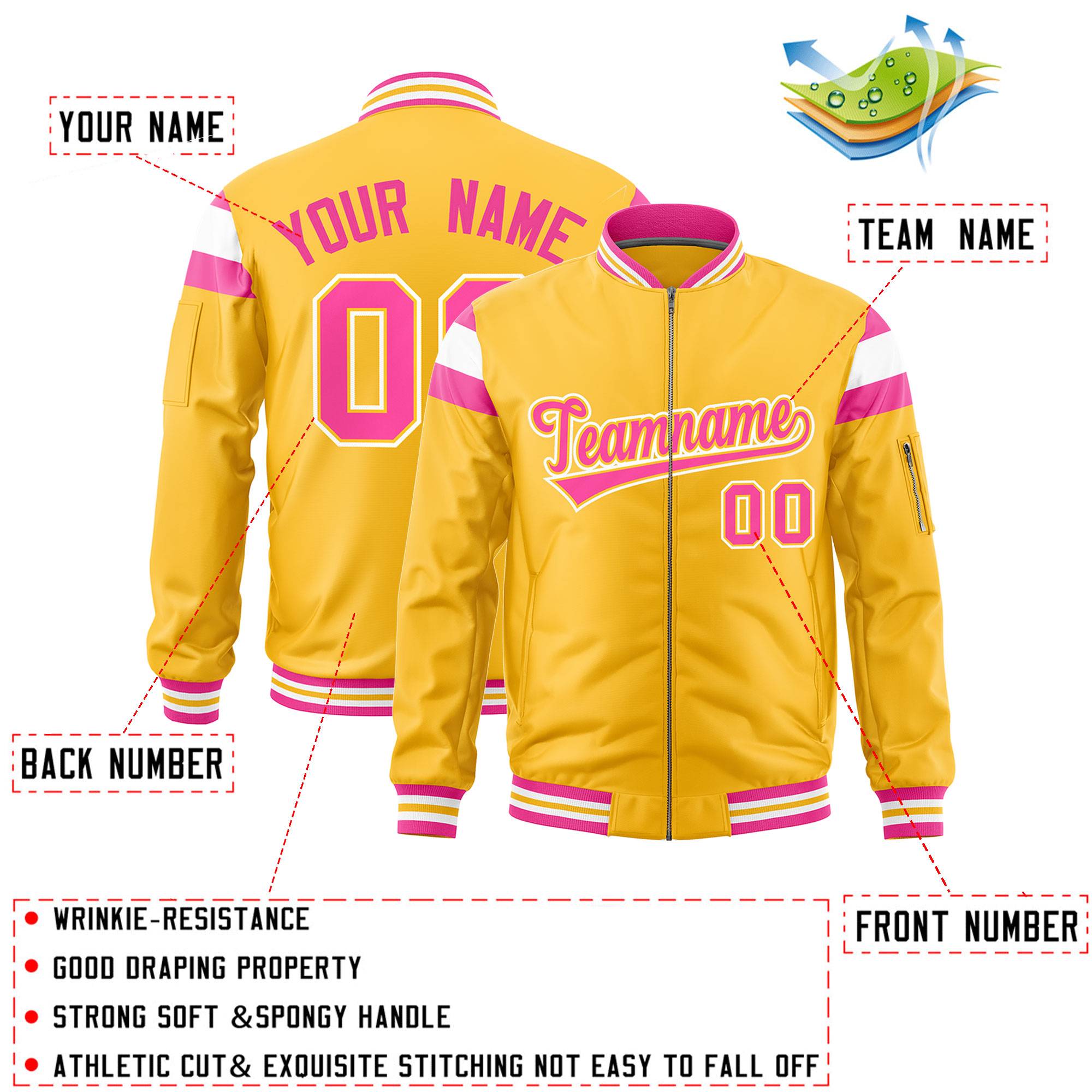 Custom Gold Pink-White Varsity Full-Zip Shoulder Color Block Letterman Bomber Jacket