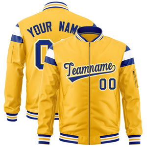 Custom Gold Royal-White Varsity Full-Zip Shoulder Color Block Letterman Bomber Jacket