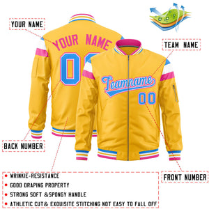 Custom Gold Powder Blue-White Varsity Full-Zip Shoulder Color Block Letterman Bomber Jacket