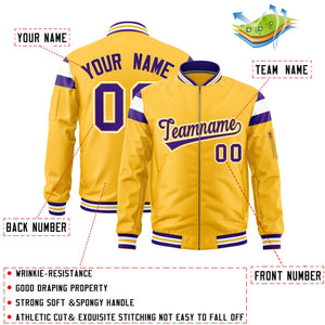 Custom Gold Purple-White Varsity Full-Zip Shoulder Color Block Letterman Bomber Jacket