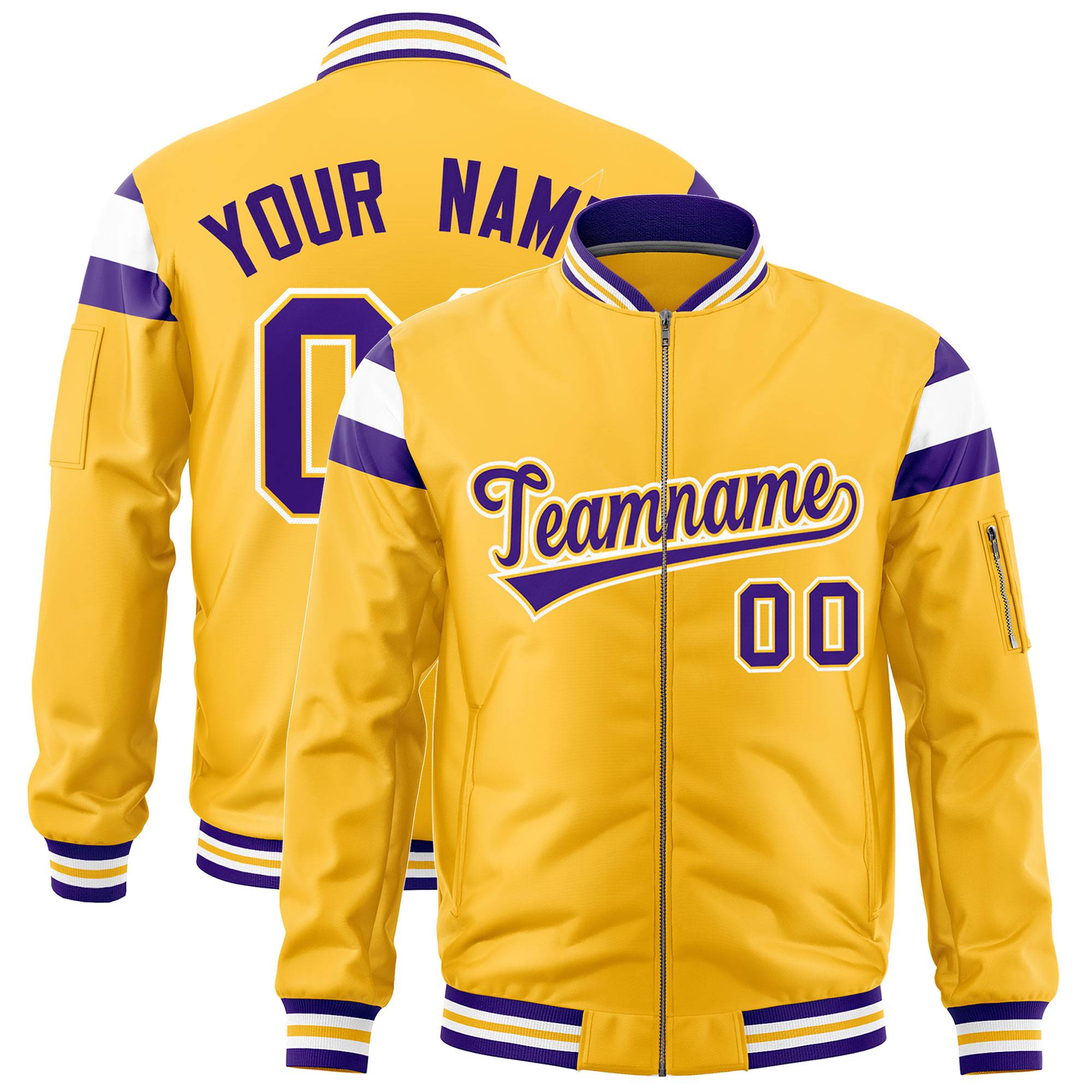 Custom Gold Purple-White Varsity Full-Zip Shoulder Color Block Letterman Bomber Jacket