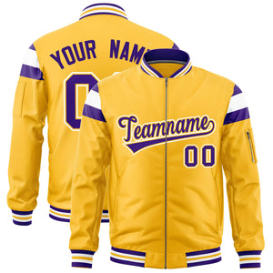 Custom Gold Purple-White Varsity Full-Zip Shoulder Color Block Letterman Bomber Jacket