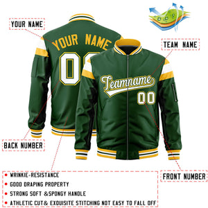 Custom Green Gold-White Varsity Full-Zip Shoulder Color Block Letterman Bomber Jacket