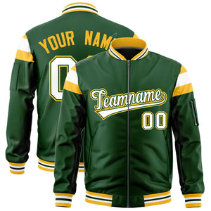 Custom Green Gold-White Varsity Full-Zip Shoulder Color Block Letterman Bomber Jacket