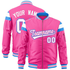 Custom Pink Powder Blue-White Varsity Full-Zip Shoulder Color Block Letterman Bomber Jacket