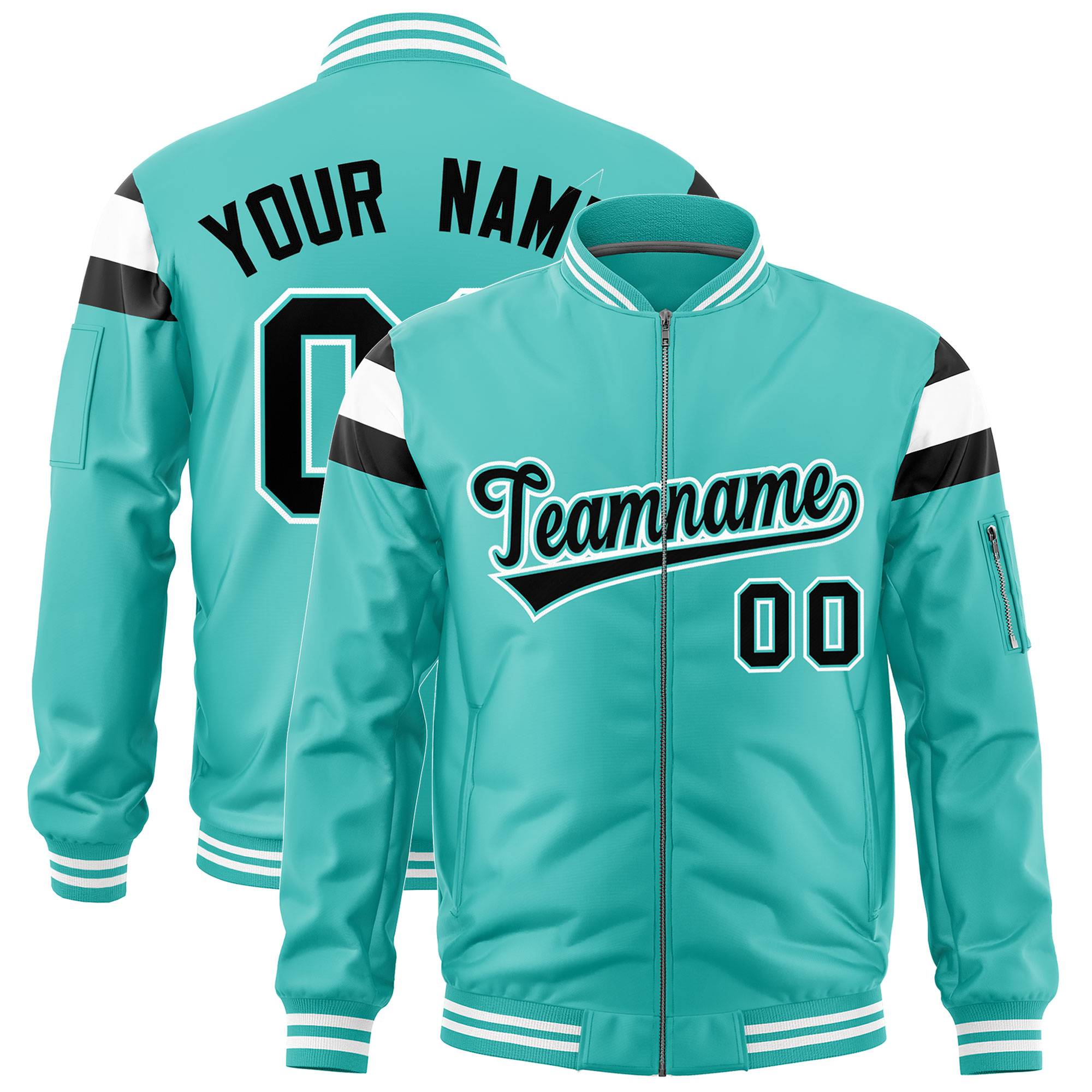 Custom Bright Green Black-White Varsity Full-Zip Shoulder Color Block Letterman Bomber Jacket