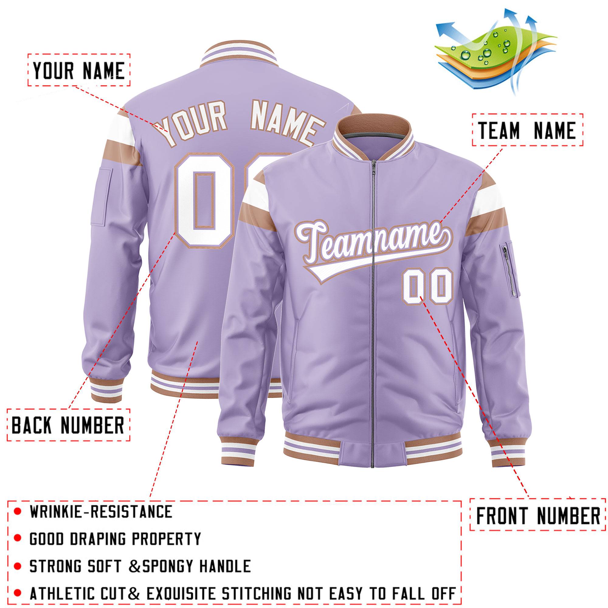 Custom Light Purple Coffee Brown-White Varsity Full-Zip Shoulder Color Block Letterman Bomber Jacket