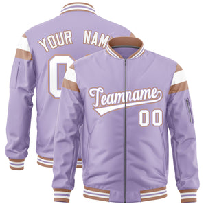 Custom Light Purple Coffee Brown-White Varsity Full-Zip Shoulder Color Block Letterman Bomber Jacket