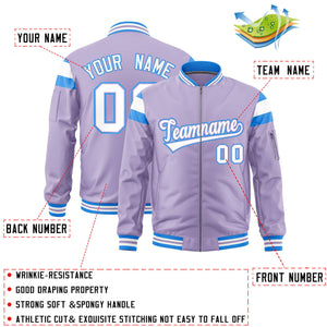 Custom Light Purple Powder Blue-White Varsity Full-Zip Shoulder Color Block Letterman Bomber Jacket